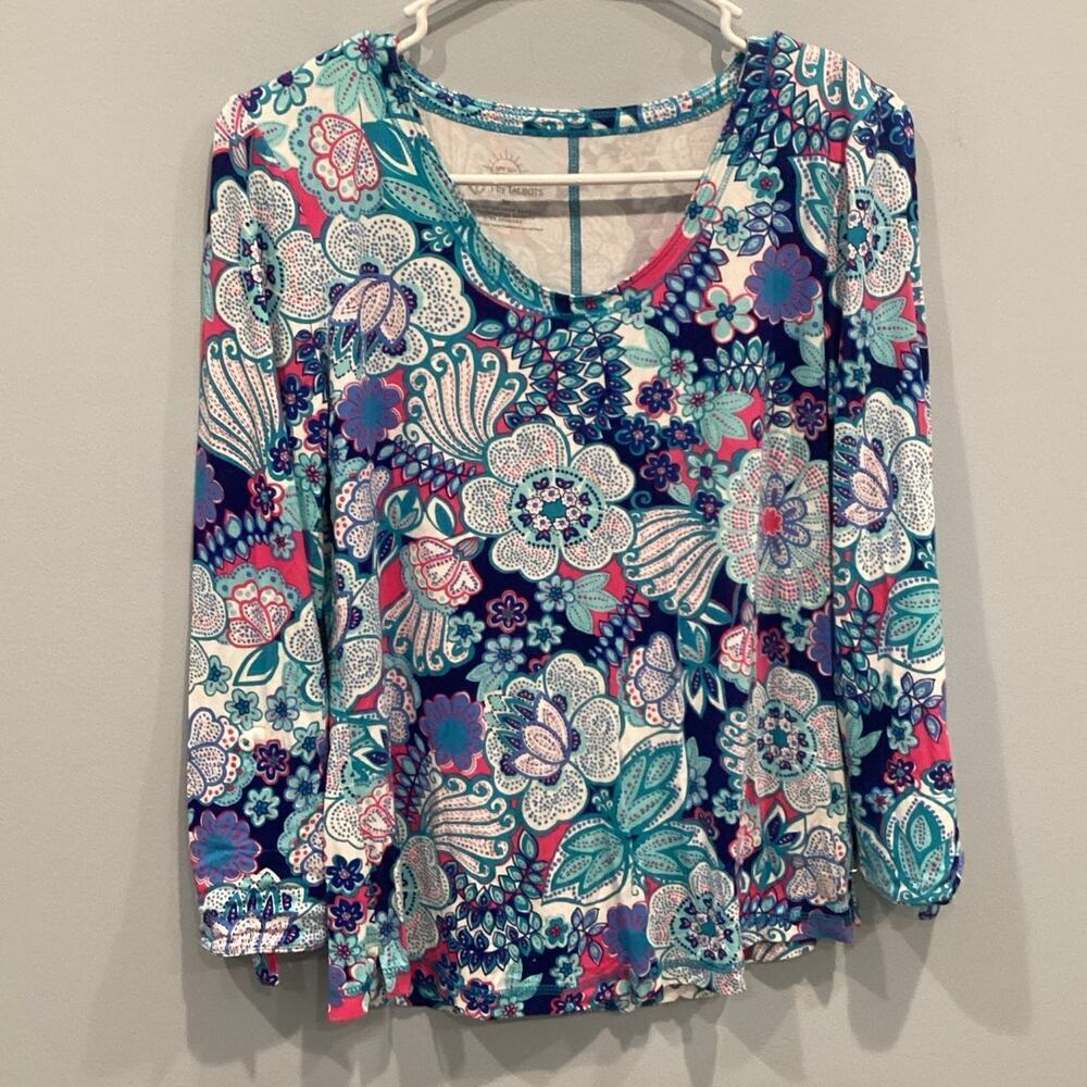 Talbots Womens Popover Top SP Small Blue Colorful Beachy Summer SPF 50 Bamboo